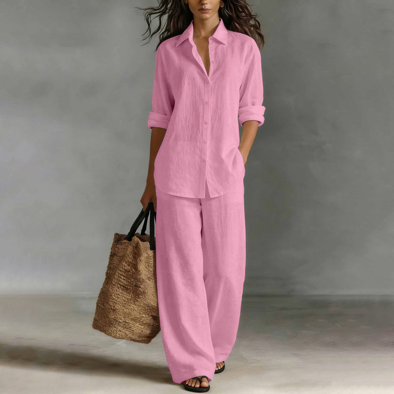 Ensemble femme chemise boutonnée et pantalon large fluide