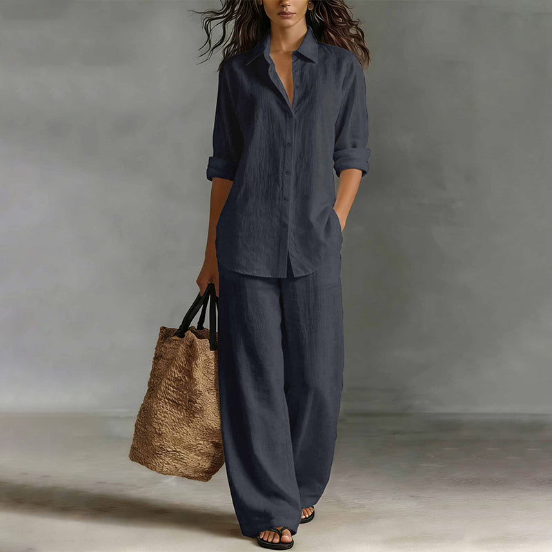 Ensemble femme chemise boutonnée et pantalon large fluide