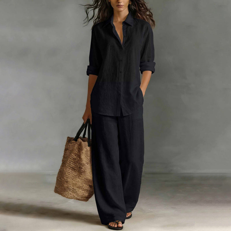 Ensemble femme chemise boutonnée et pantalon large fluide