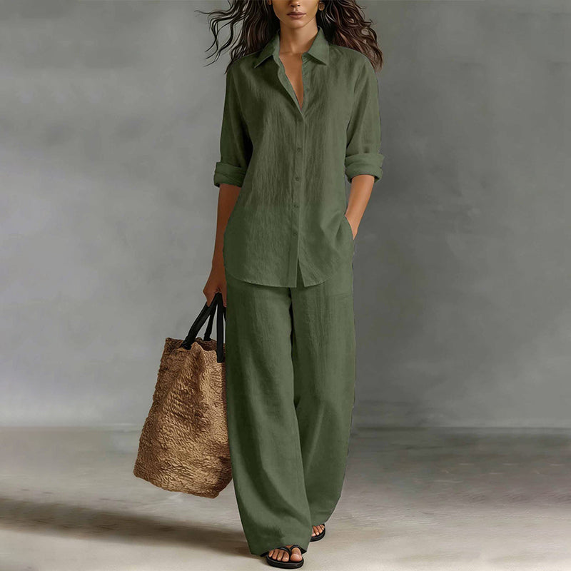 Ensemble femme chemise boutonnée et pantalon large fluide