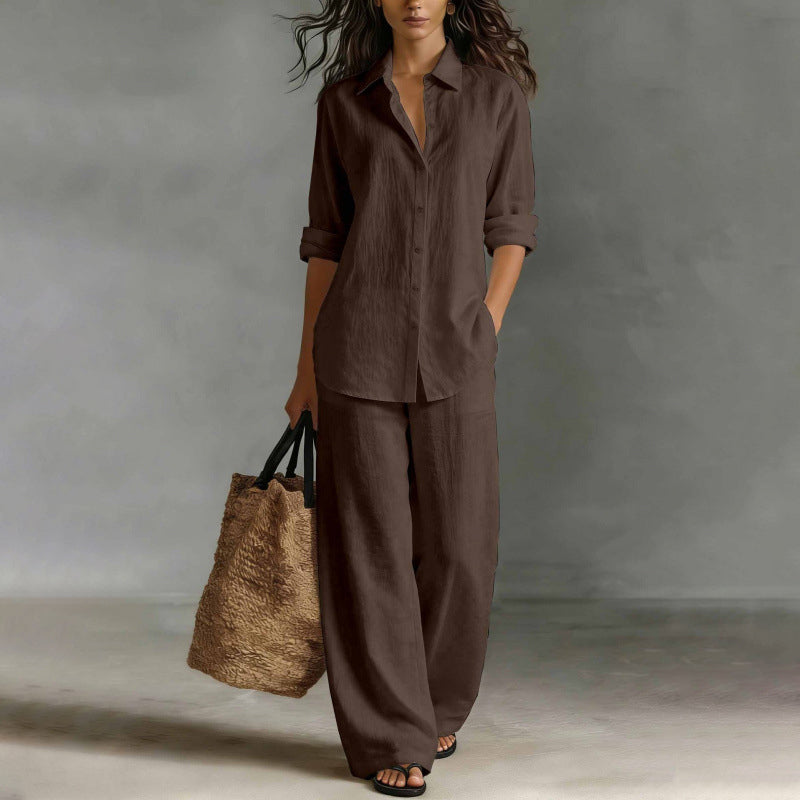 Ensemble femme chemise boutonnée et pantalon large fluide