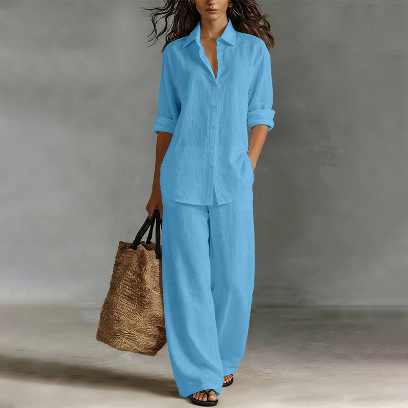 Ensemble femme chemise boutonnée et pantalon large fluide