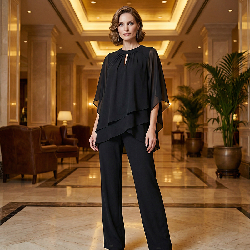 Ensemble femme élégant avec tunique asymétrique et pantalon large