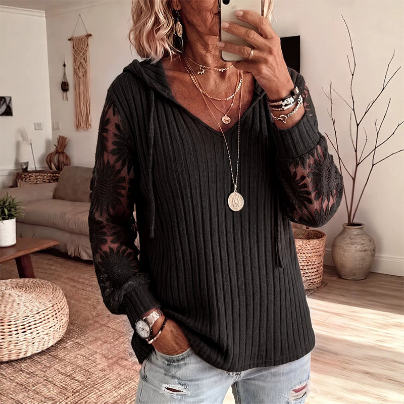 Top femme à capuche avec manches dentelle florale