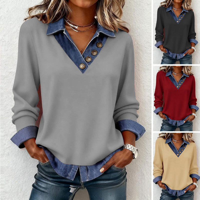 Chemise femme effet superposé avec col denim