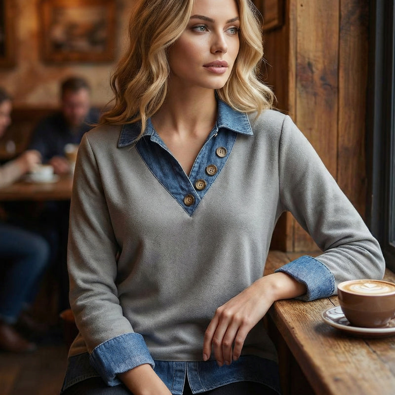 Chemise femme effet superposé avec col denim
