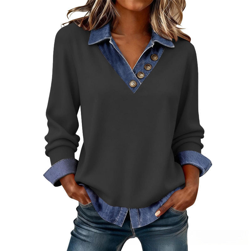 Chemise femme effet superposé avec col denim