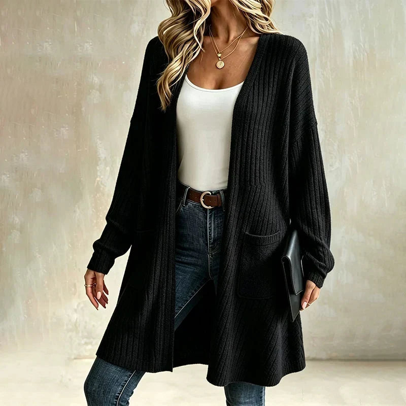 Cardigan long femme côtelé avec poches