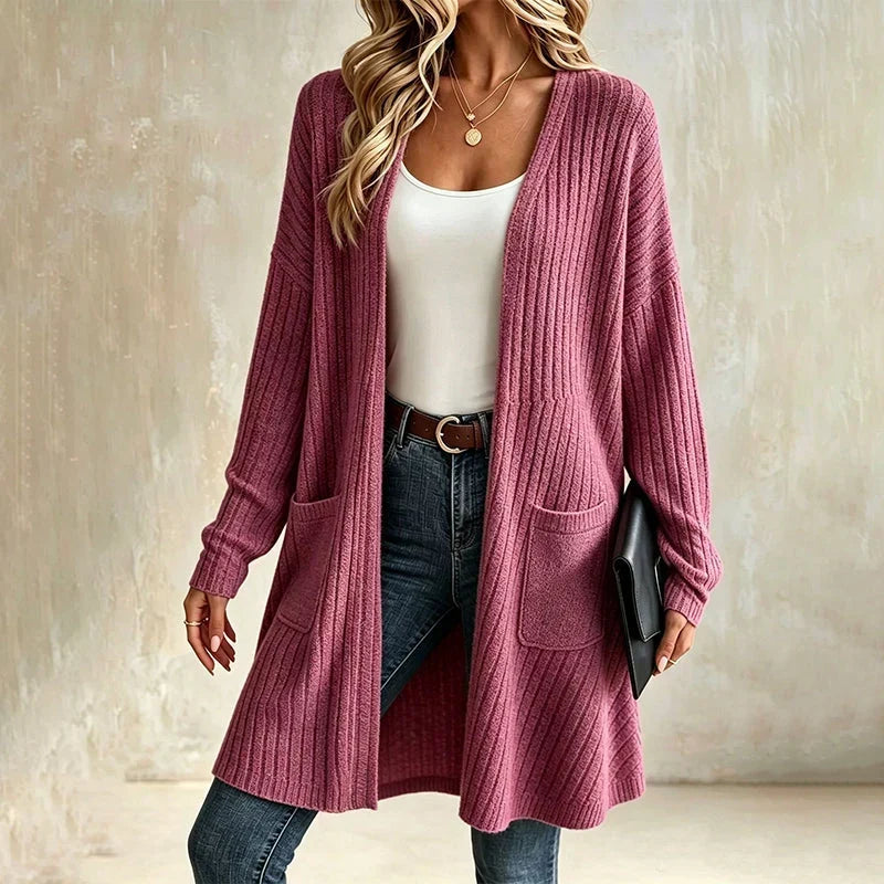 Cardigan long femme côtelé avec poches
