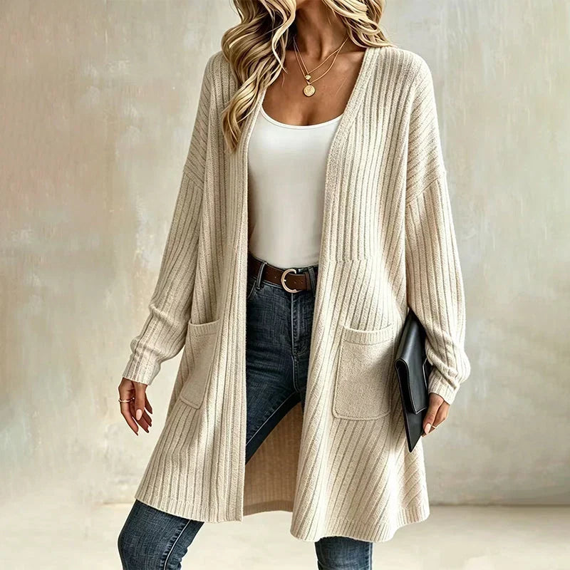 Cardigan long femme côtelé avec poches