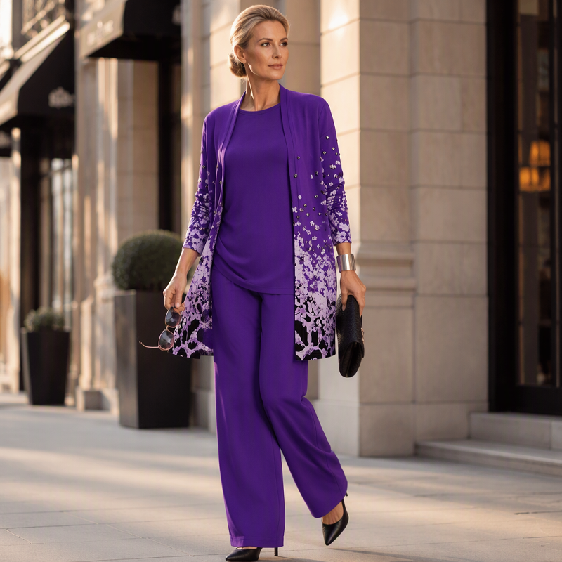 Ensemble trois pièces femme avec cardigan imprimé
