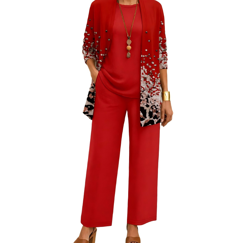 Ensemble trois pièces femme avec cardigan imprimé
