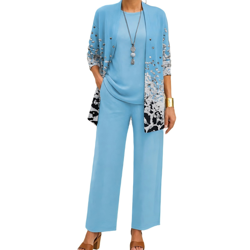 Ensemble trois pièces femme avec cardigan imprimé