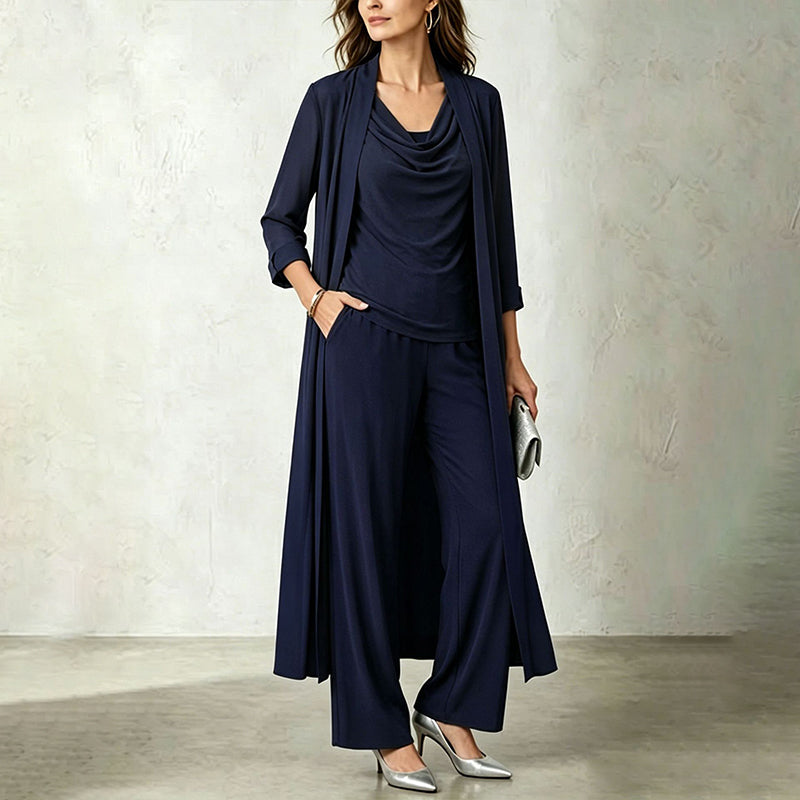 Ensemble trois pièces femme avec cardigan long et pantalon fluide