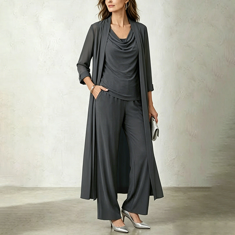 Ensemble trois pièces femme avec cardigan long et pantalon fluide
