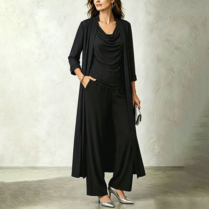 Ensemble trois pièces femme avec cardigan long et pantalon fluide