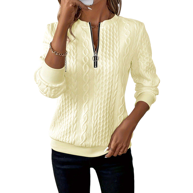 Sweat femme en maille torsadée avec col demi-zip
