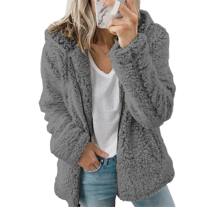 Veste polaire femme à capuche zippée en peluche douce
