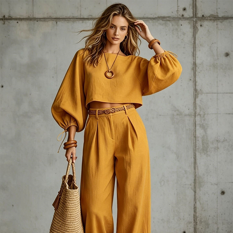 Ensemble femme deux pièces avec haut court et pantalon large