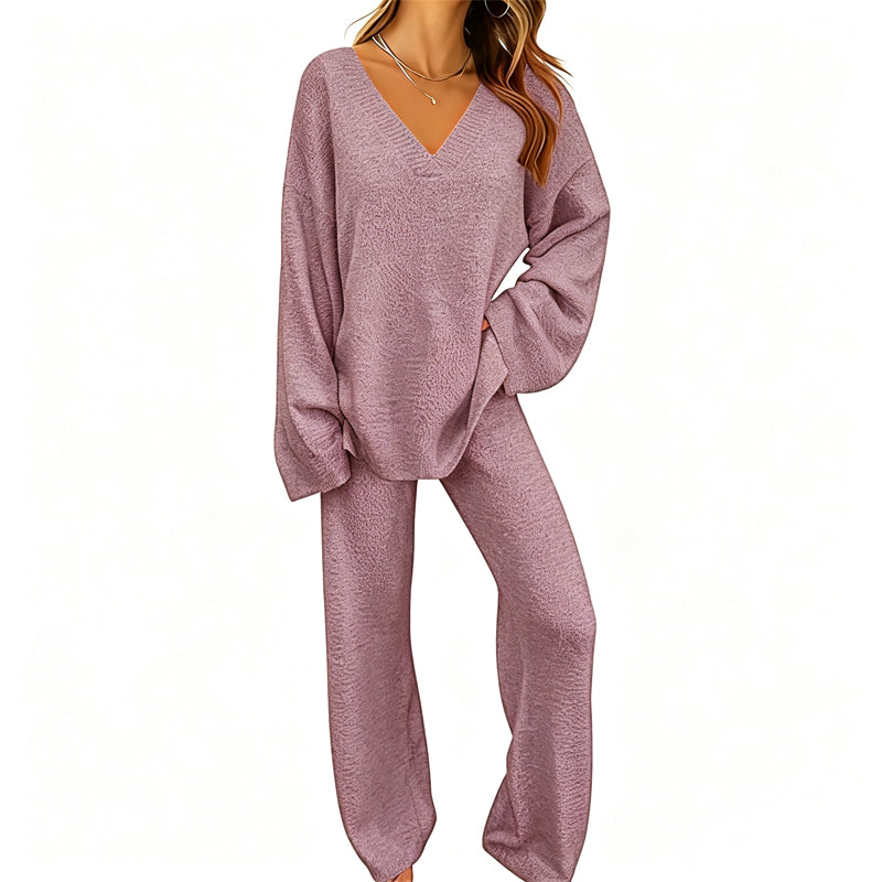Ensemble en maille femme avec pull col V et pantalon large