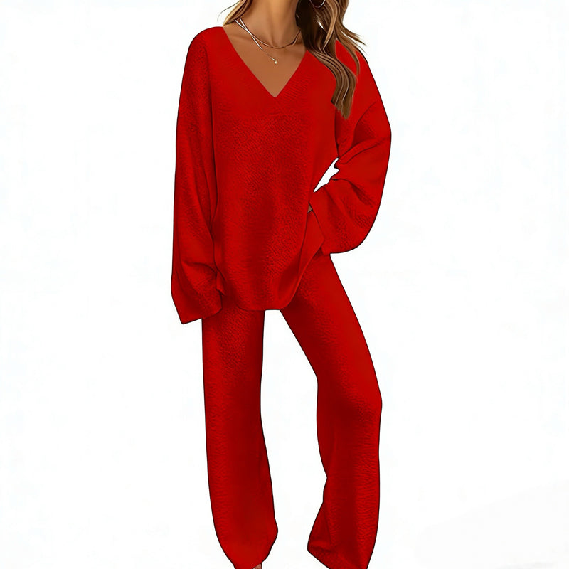 Ensemble en maille femme avec pull col V et pantalon large