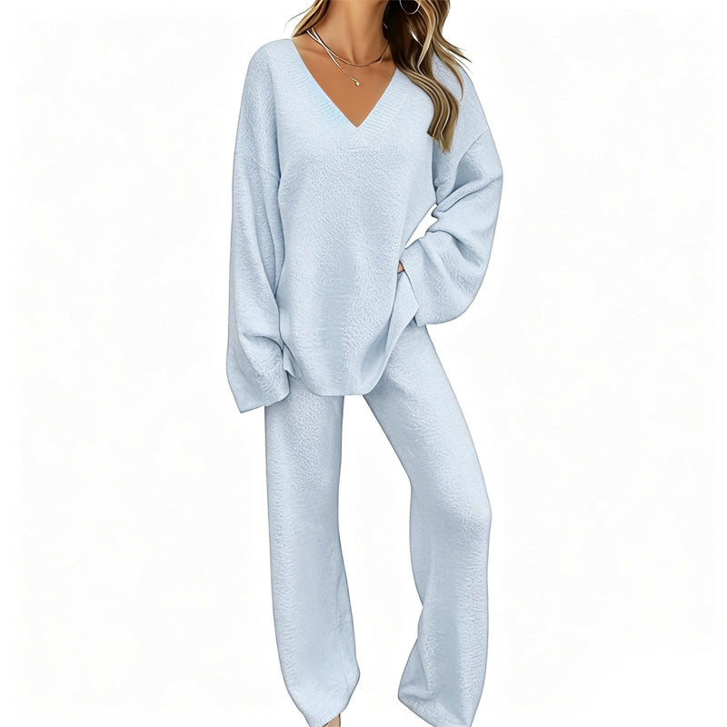 Ensemble en maille femme avec pull col V et pantalon large