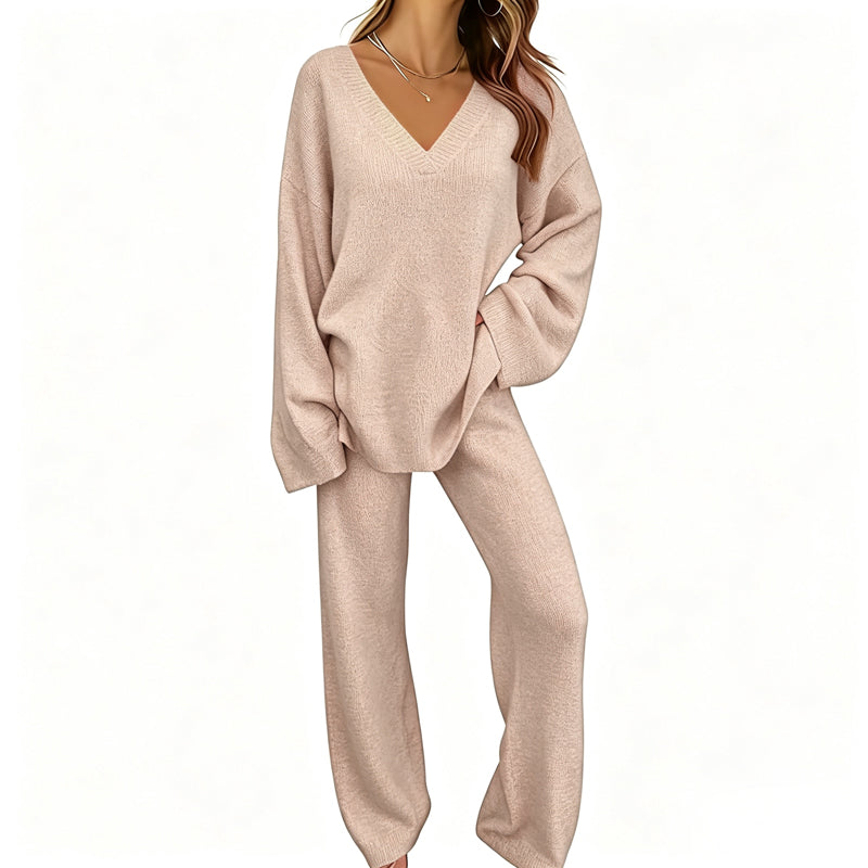 Ensemble en maille femme avec pull col V et pantalon large