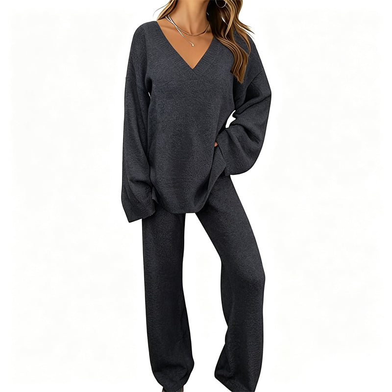 Ensemble en maille femme avec pull col V et pantalon large