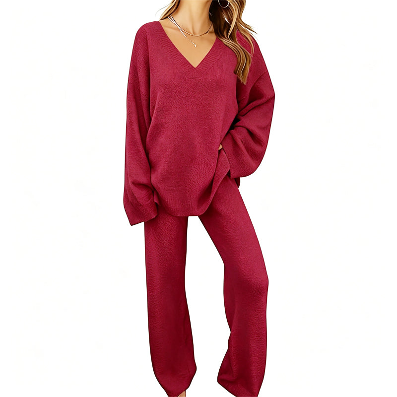Ensemble en maille femme avec pull col V et pantalon large