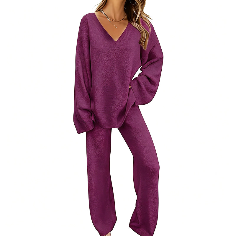 Ensemble en maille femme avec pull col V et pantalon large