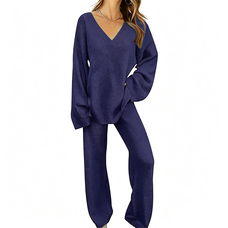 Ensemble en maille femme avec pull col V et pantalon large