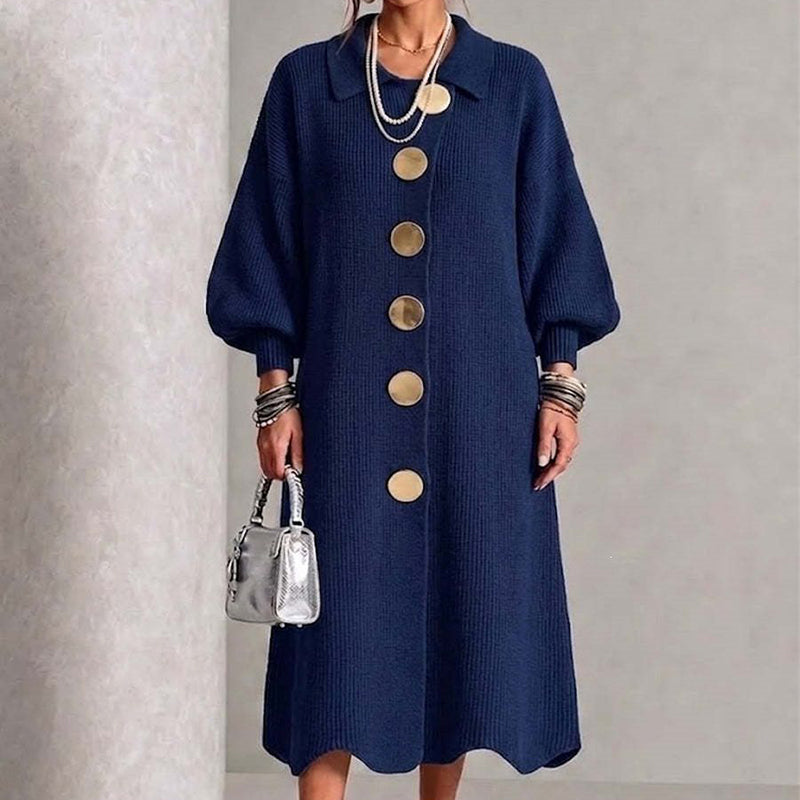 Robe longue femme en maille côtelée boutonnée