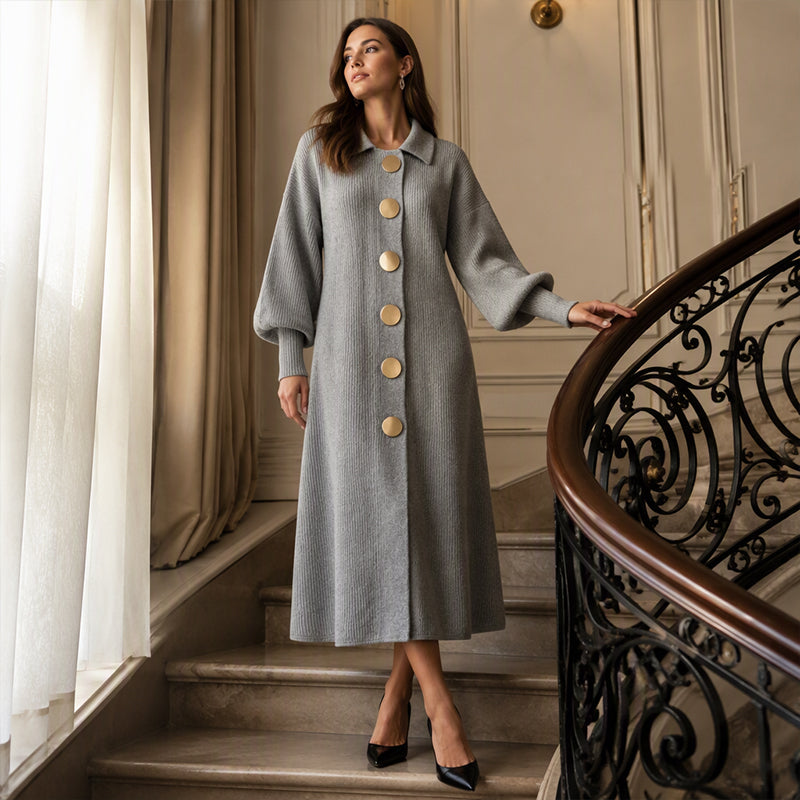 Robe longue femme en maille côtelée boutonnée