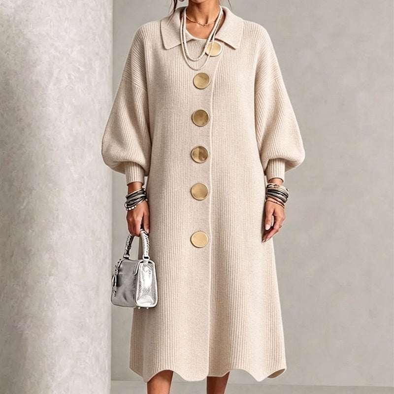 Robe longue femme en maille côtelée boutonnée