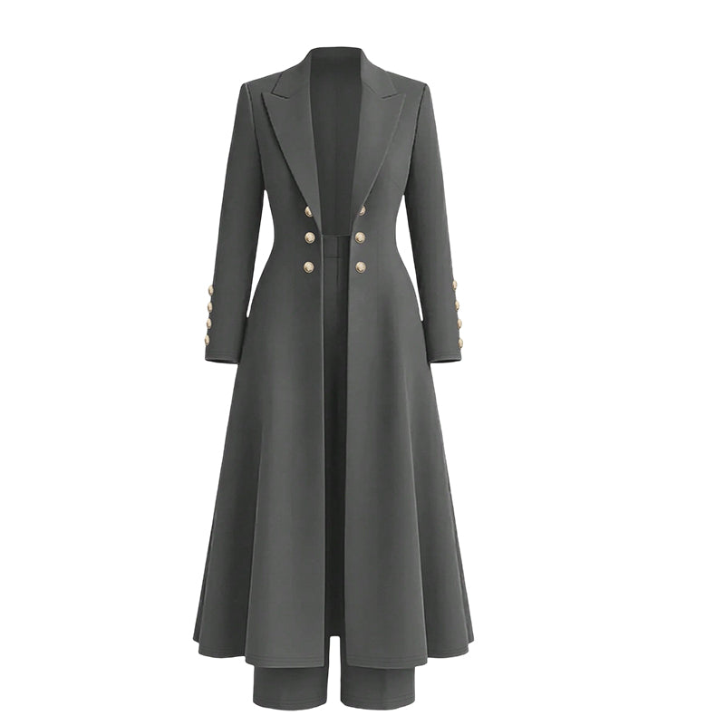 Ensemble tailleur femme avec manteau long et pantalon droit