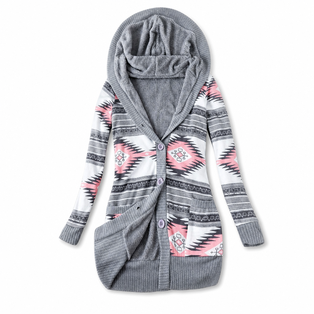Cardigan long femme à capuche en maille jacquard