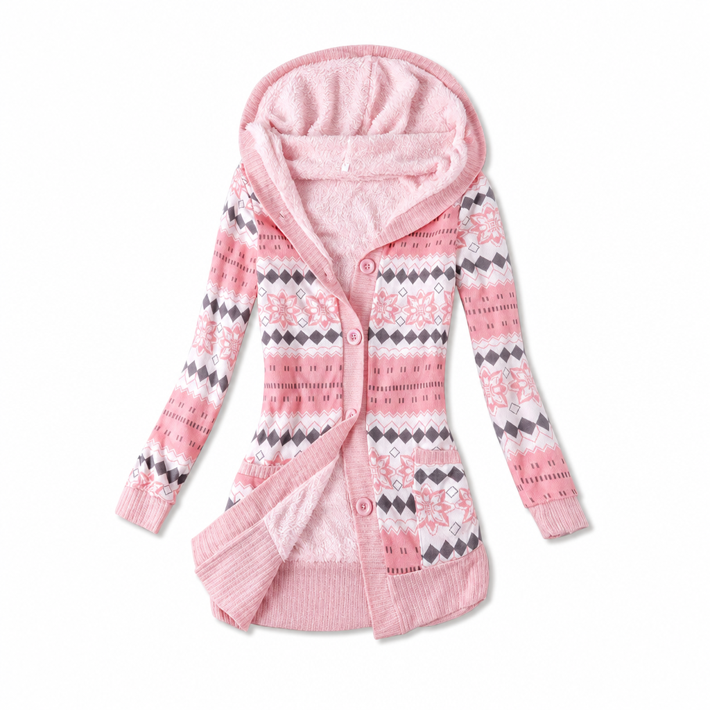 Cardigan long femme à capuche en maille jacquard