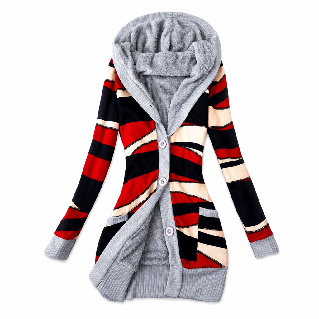 Cardigan long femme à capuche en maille jacquard