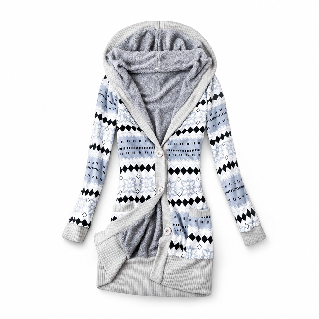 Cardigan long femme à capuche en maille jacquard