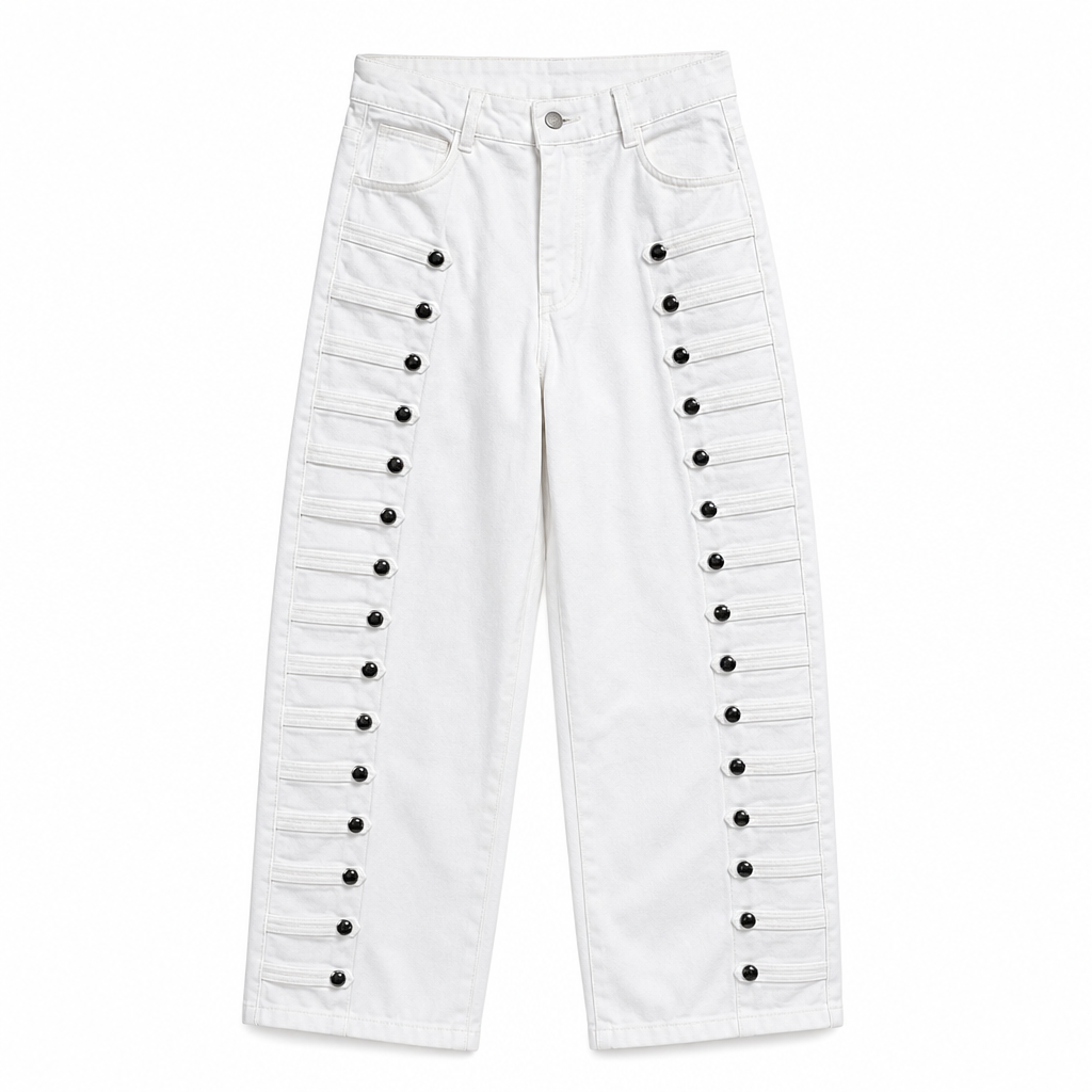 Jean ballon femme taille haute à boutons latéraux style rétro