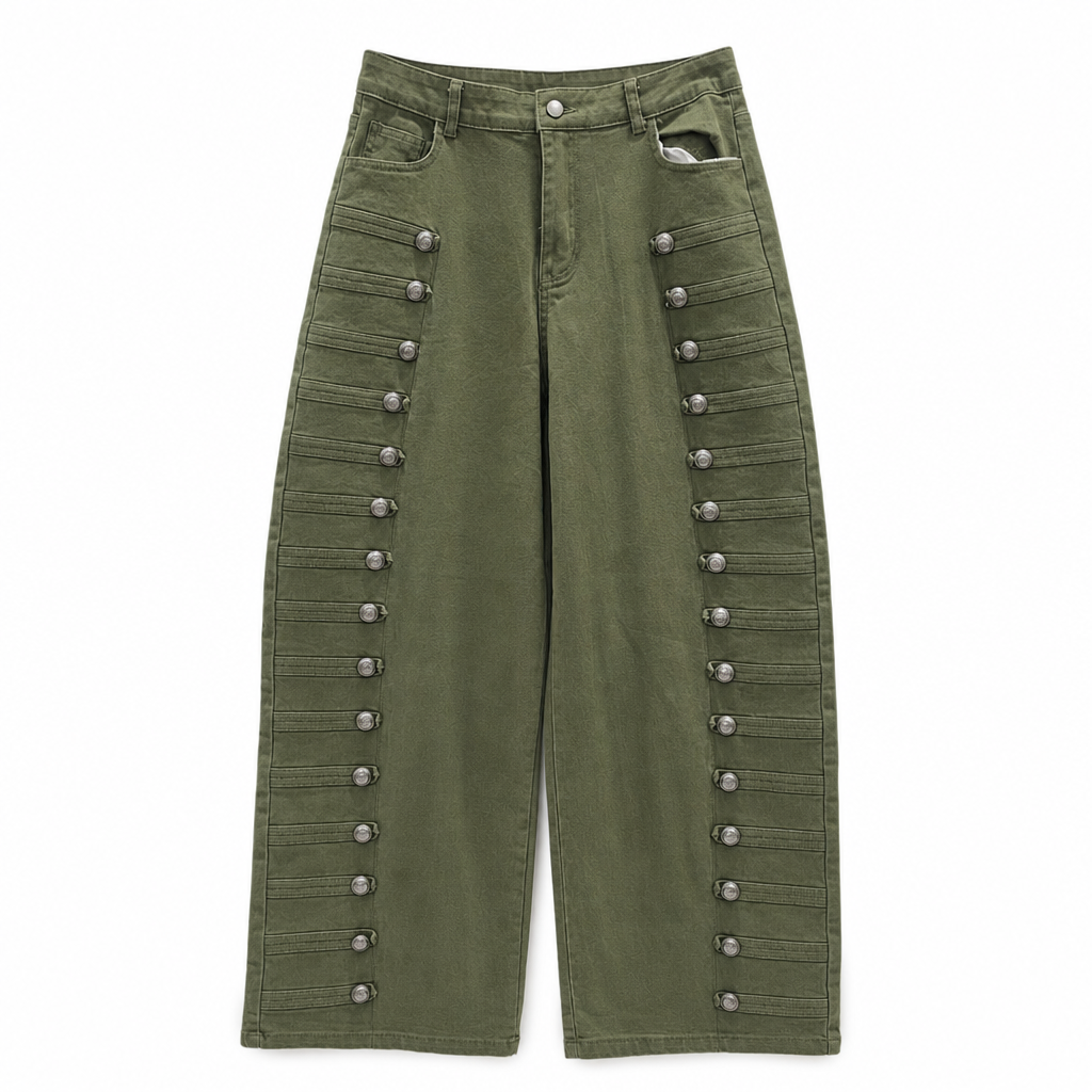 Jean ballon femme taille haute à boutons latéraux style rétro
