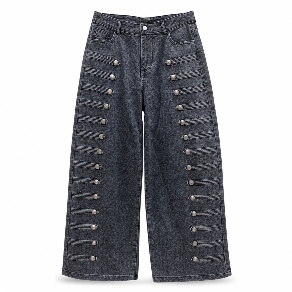 Jean ballon femme taille haute à boutons latéraux style rétro