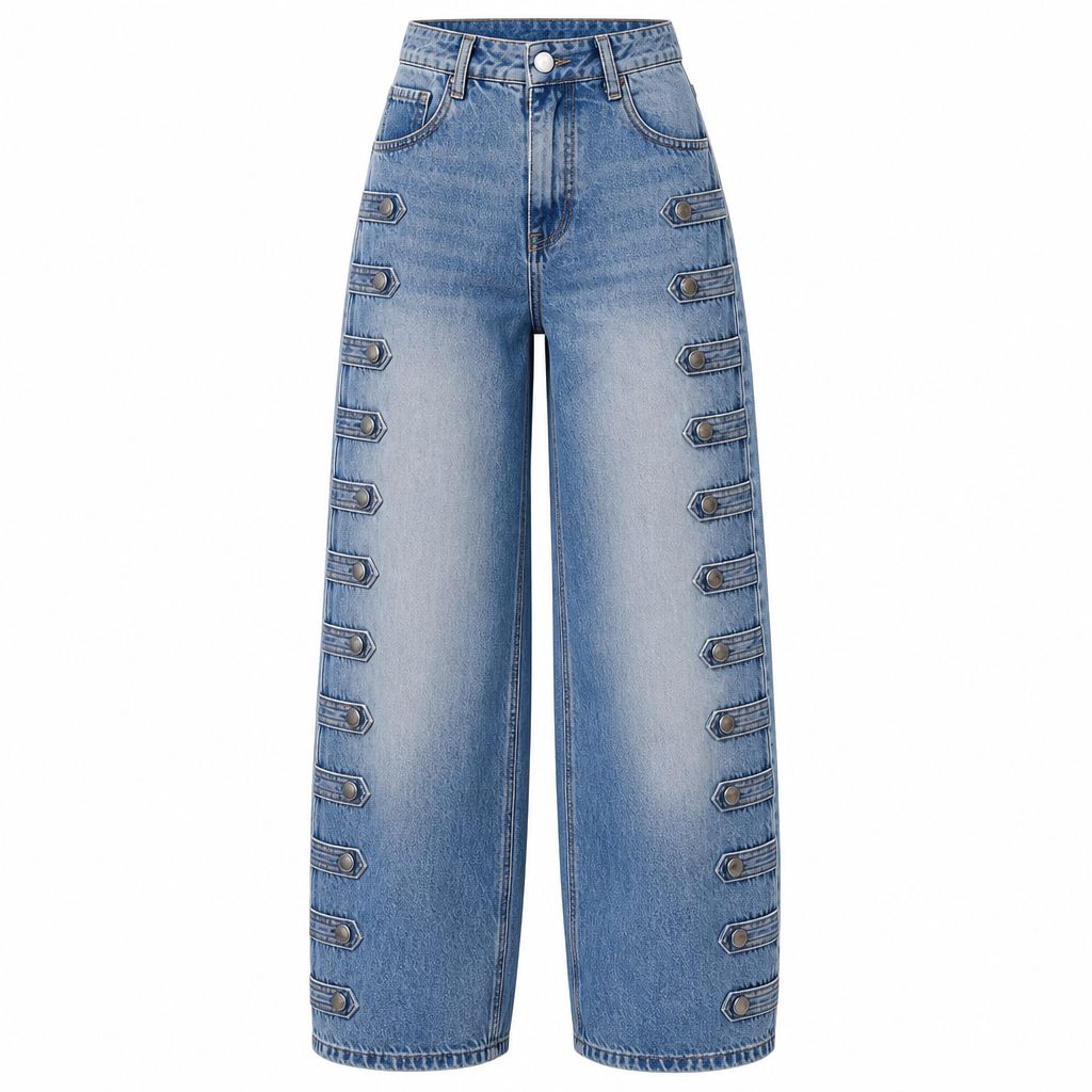 Jean ballon femme taille haute à boutons latéraux style rétro