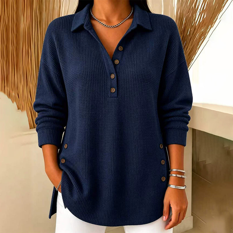 Haut femme en maille gaufrée à col polo et boutons