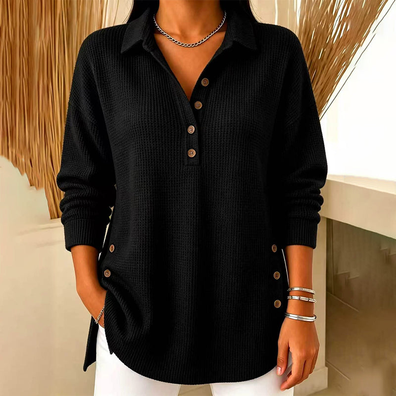 Haut femme en maille gaufrée à col polo et boutons