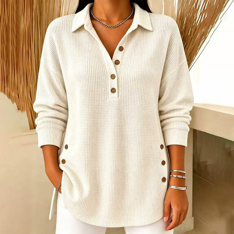 Haut femme en maille gaufrée à col polo et boutons