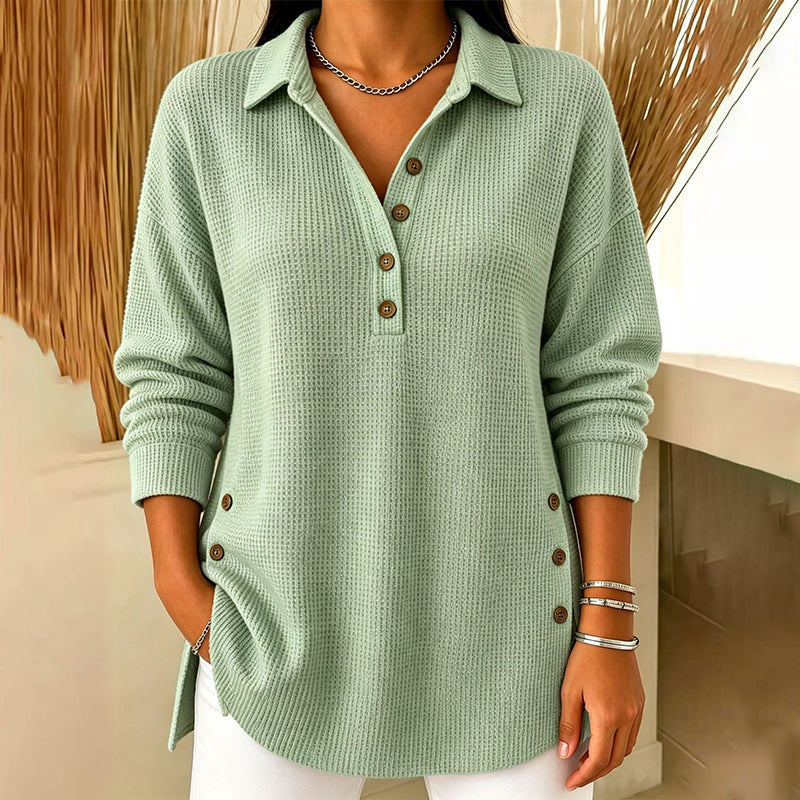 Haut femme en maille gaufrée à col polo et boutons