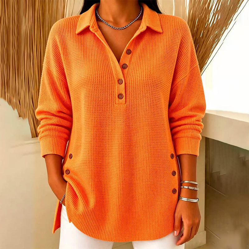Haut femme en maille gaufrée à col polo et boutons