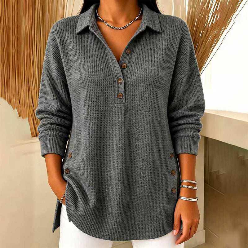 Haut femme en maille gaufrée à col polo et boutons