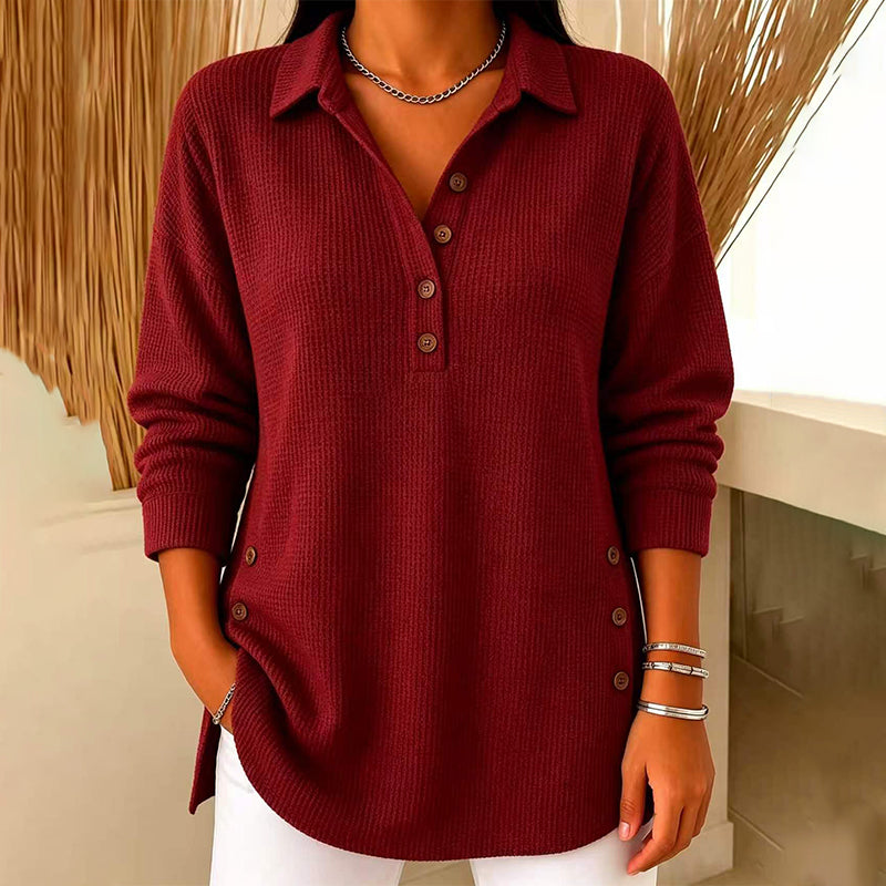 Haut femme en maille gaufrée à col polo et boutons